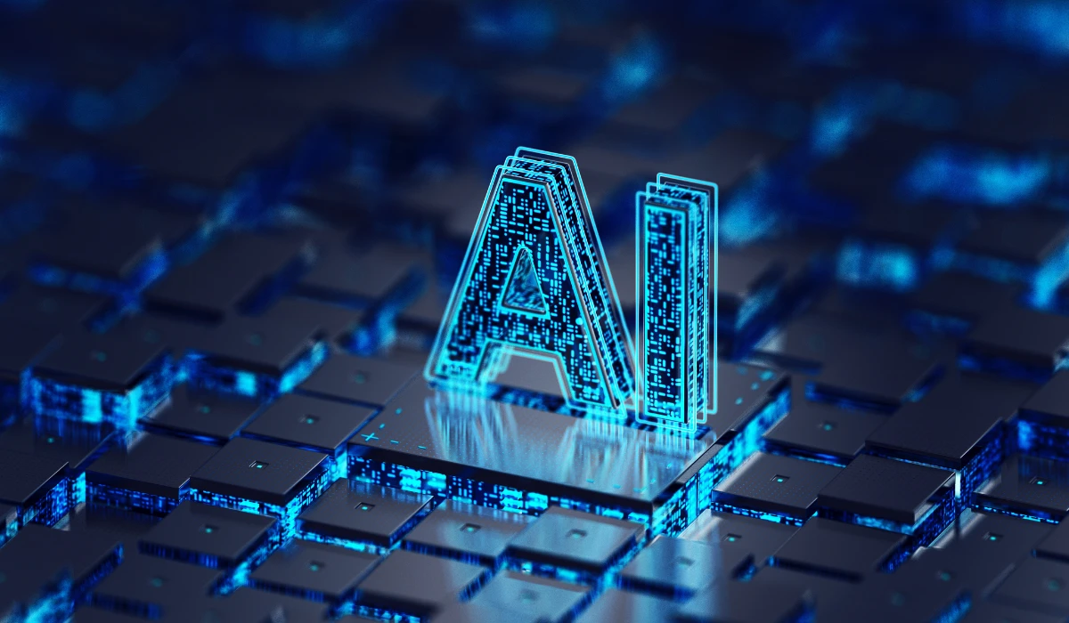 Futuristic business scene showcasing AI technology transforming work processes and enhancing productivity.