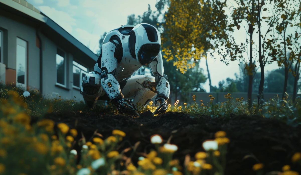 A robot with a shovel attachment is digging into the soil, demonstrating its capabilities.