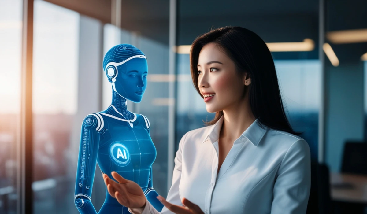 A woman in a business suit holds a small robot in front of her, smiling confidently at the camera.