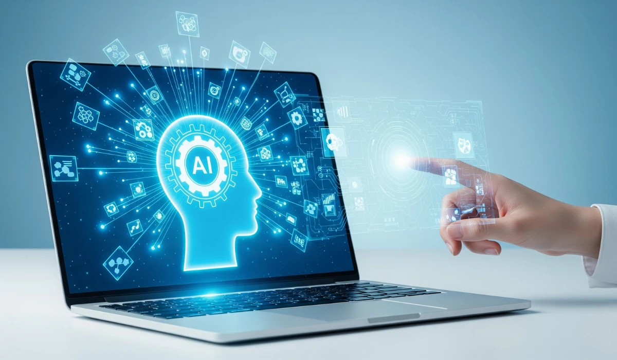 A hand reaching out to a laptop with a brain icon, representing the connection between technology and thought.