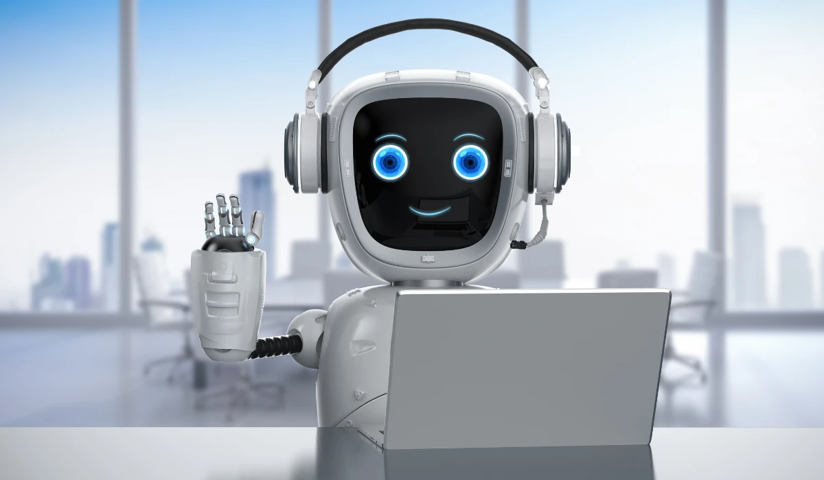 Friendly Robot Working on Laptop