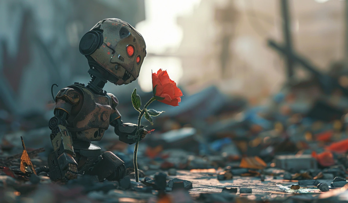 A robot with a red rose stands in a destroyed urban landscape, contrasting beauty with the surrounding devastation.