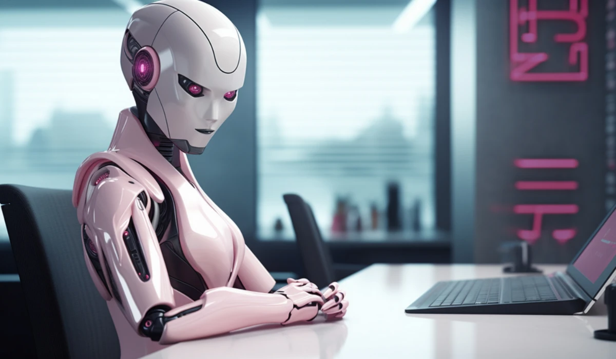 A robot at a desk, typing on a laptop, with a cheerful expression and a tidy workspace.