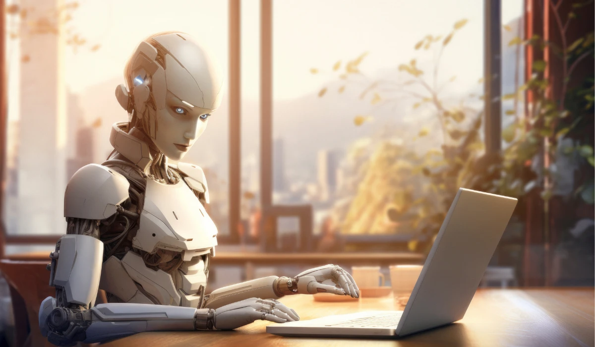 A cheerful robot seated at a table, working on a laptop, in a bright and friendly environment.