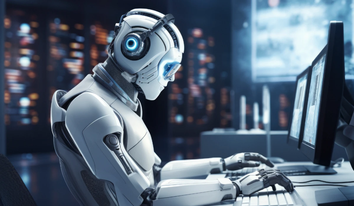 A robot wearing headphones sits at a computer, focused on the screen in a modern workspace.