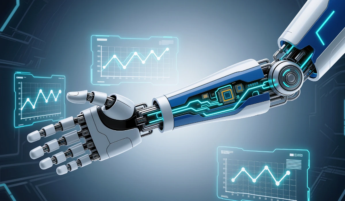 A robotic hand holds a computer screen displaying colorful graphs and data visualizations.