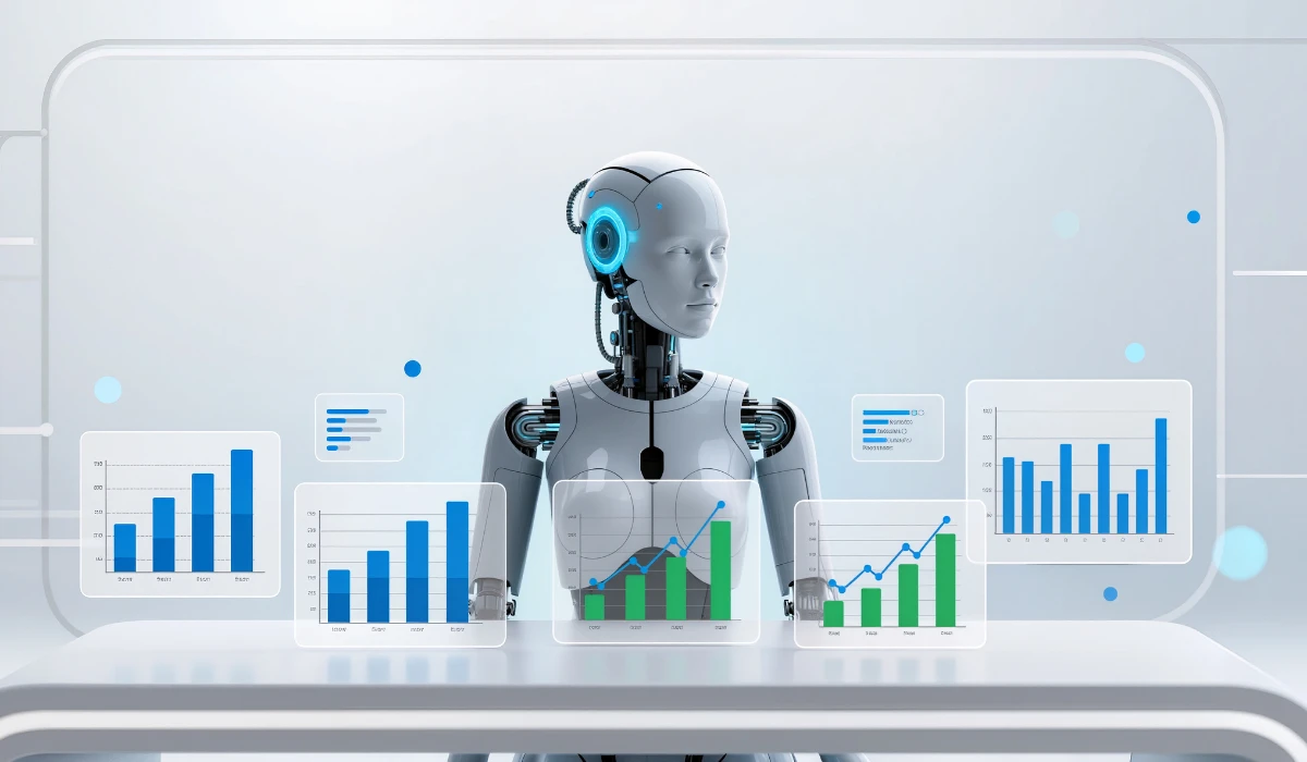A robot is seated at a table, reviewing various graphs and charts laid out before it.