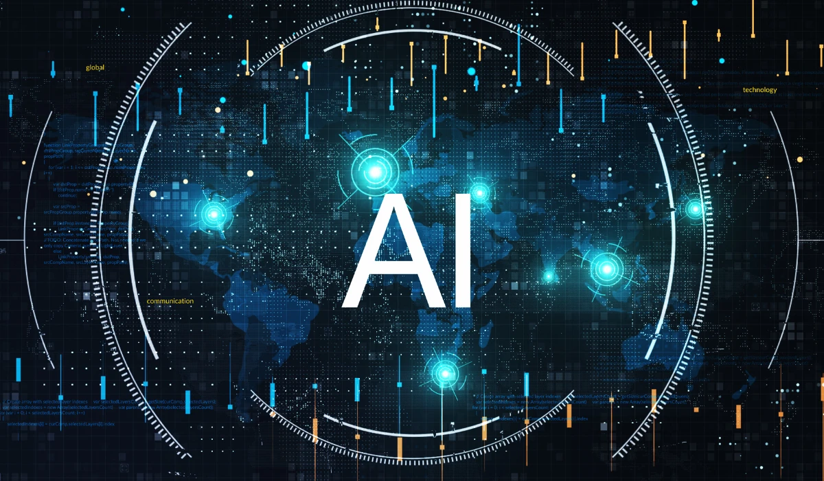 An abstract representation of AI shaping the future of the internet, with glowing circuits and a network of digital connections.