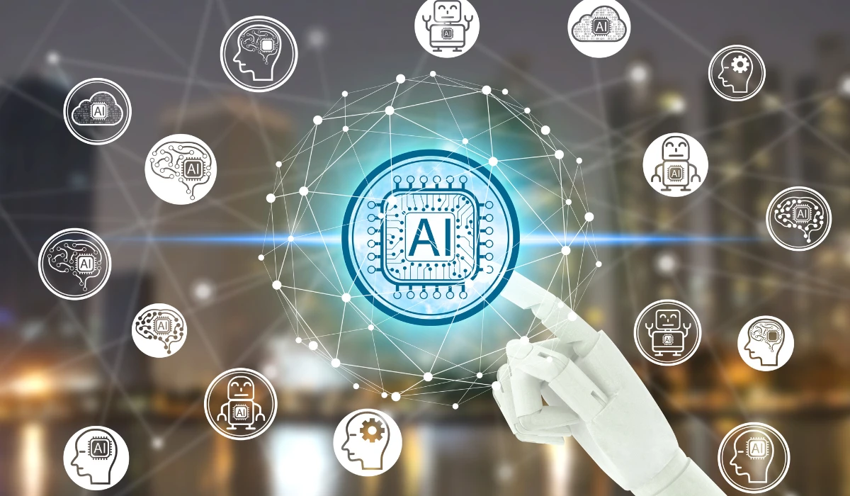 A modern office environment highlighting AI tools and innovations shaping the future of work and employee collaboration.