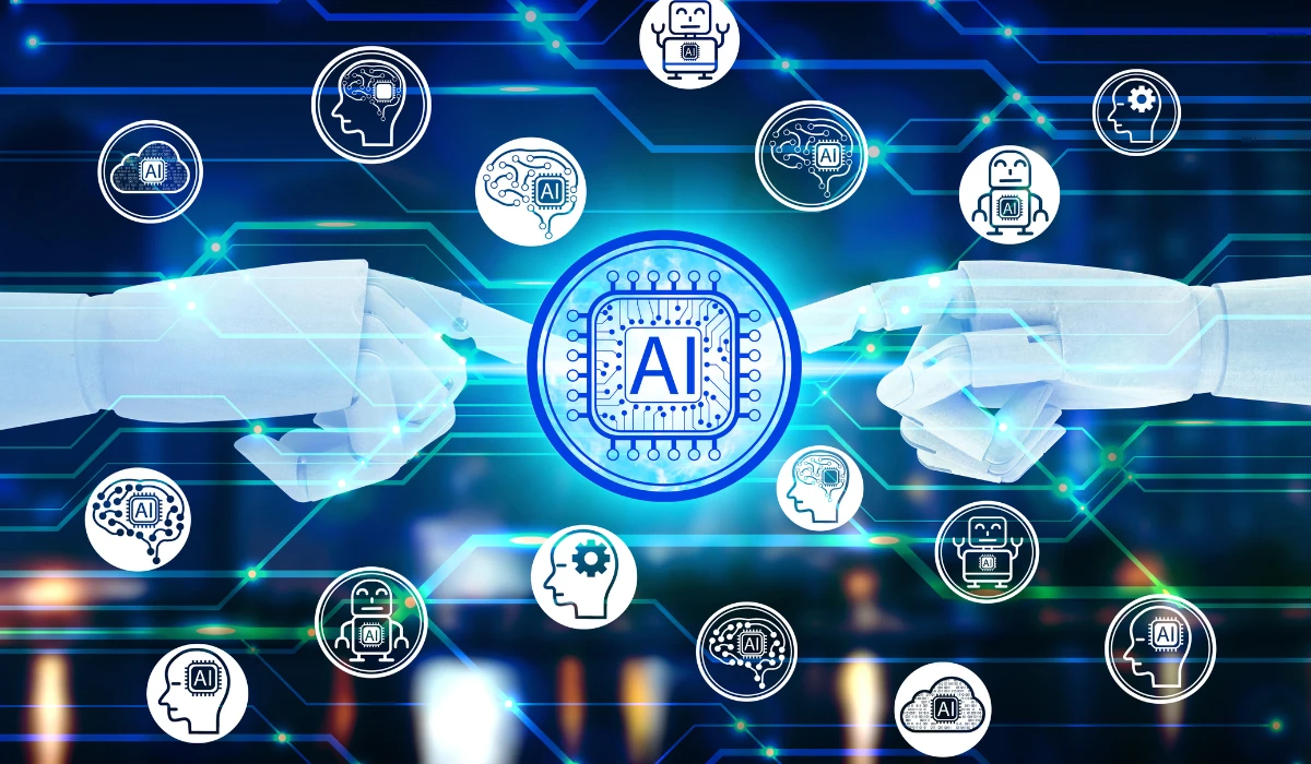 A futuristic workspace featuring AI technology, symbolizing the evolving relationship between AI and the future of work.