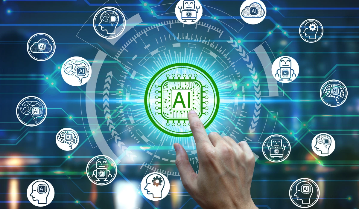 An illustration of AI integration in the workplace, featuring advanced technology and collaborative workspaces.