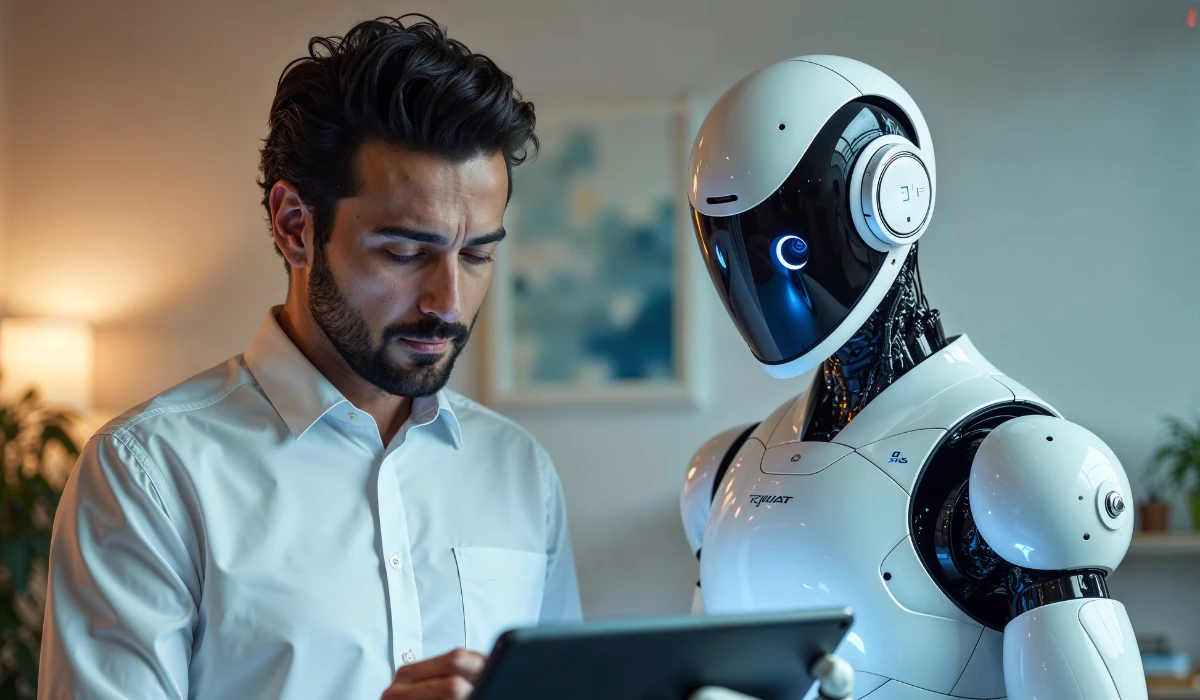 A man stands beside a robot, intently looking at a tablet in his hands.
