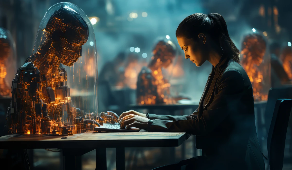 A woman sitting at a table, focused on her laptop, with a cozy workspace around her.