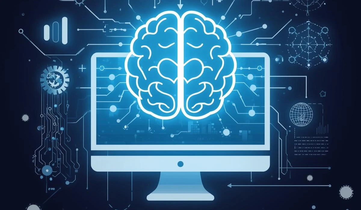 A brain displayed on a computer screen against a blue background, symbolizing technology and neuroscience.