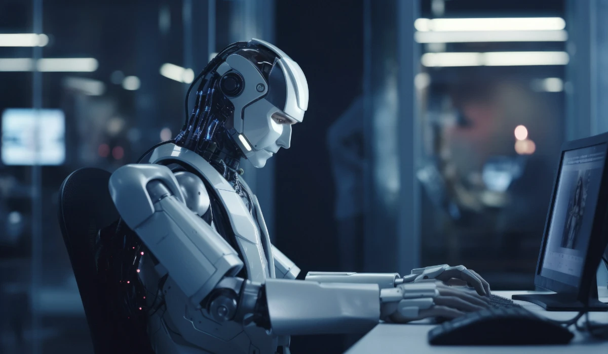 A robot working at a desk with a computer, illustrating a blend of technology and office life.
