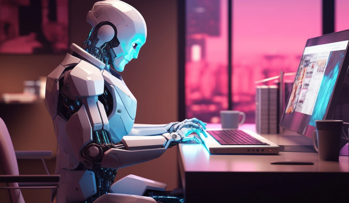 A friendly robot sitting at a desk, focused on a laptop, surrounded by office supplies.