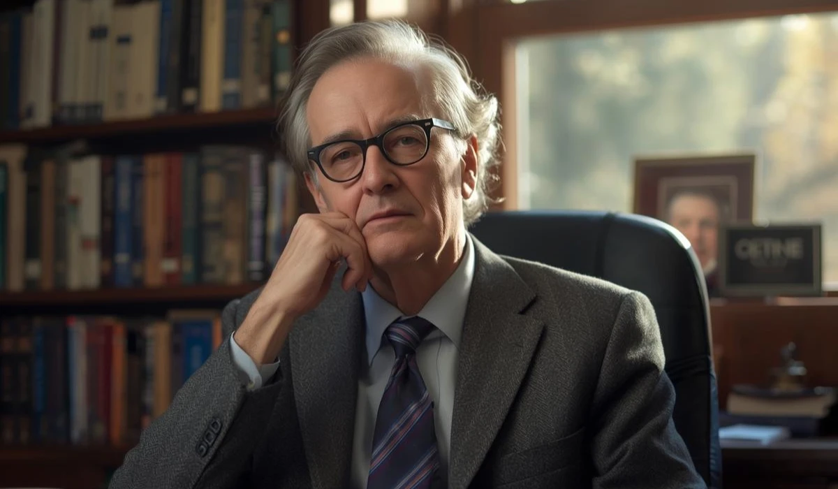 A bespectacled man is seated at a desk, with bookshelves lined with books in the background.