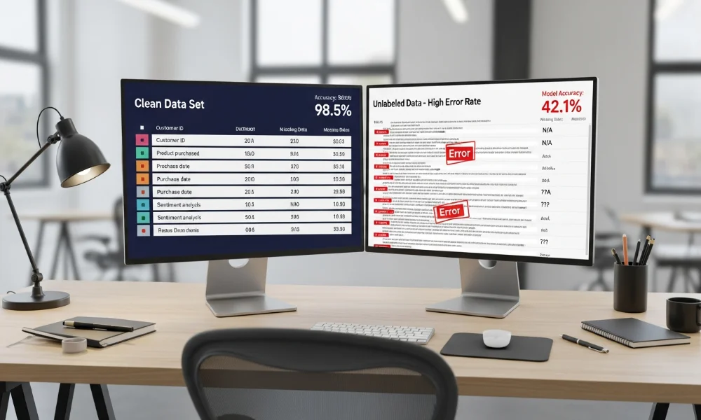 Dual monitors showing clean and error-filled data sets