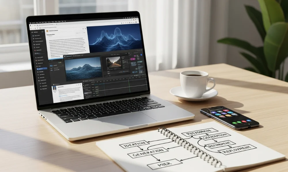 Laptop with creative software, coffee, phone, and diagram