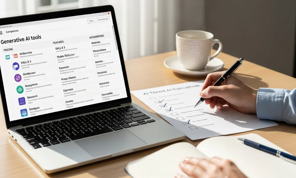 Person evaluating AI tools on laptop and checklist
