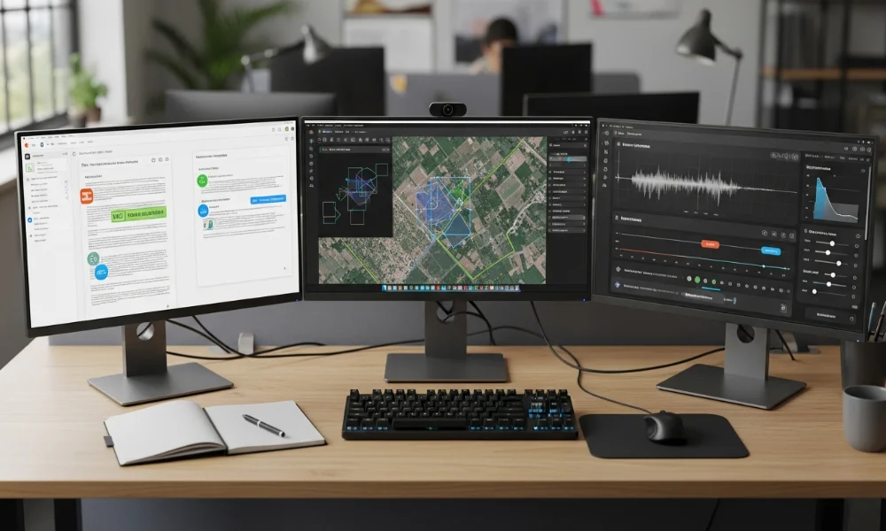 Triple monitor setup with document, map, and audio software.