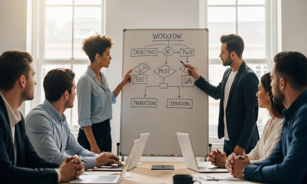 Two people presenting a workflow diagram to colleagues