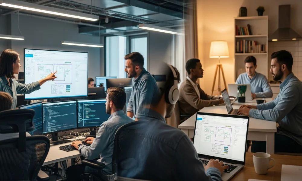 Two scenes: office collaboration and remote work
