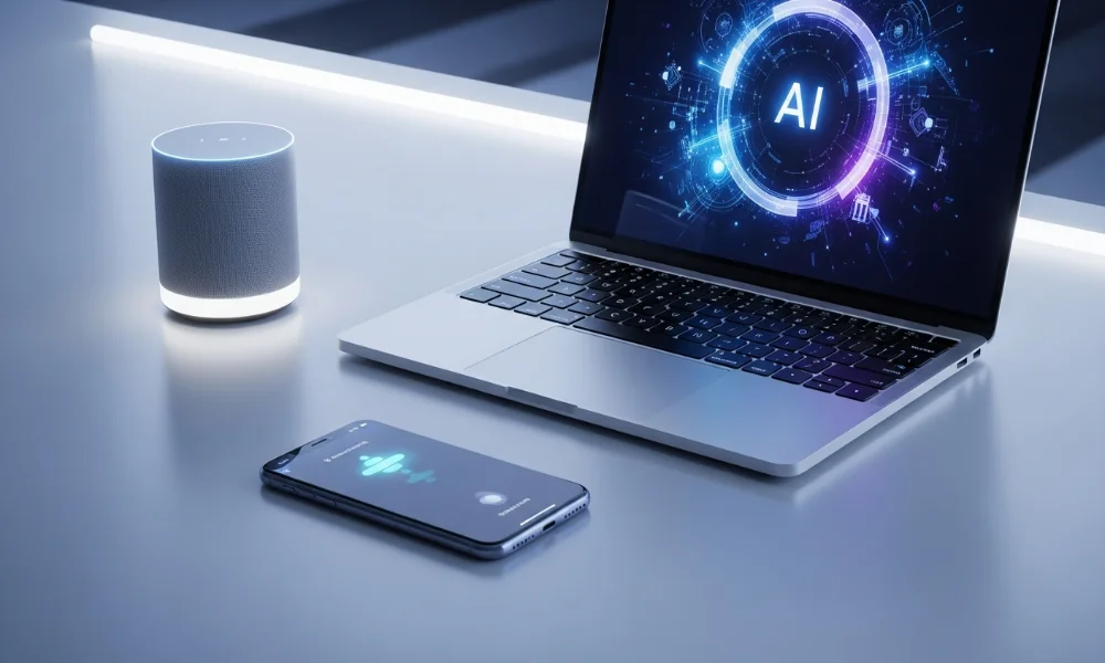 AI tech: smart speaker, laptop, phone