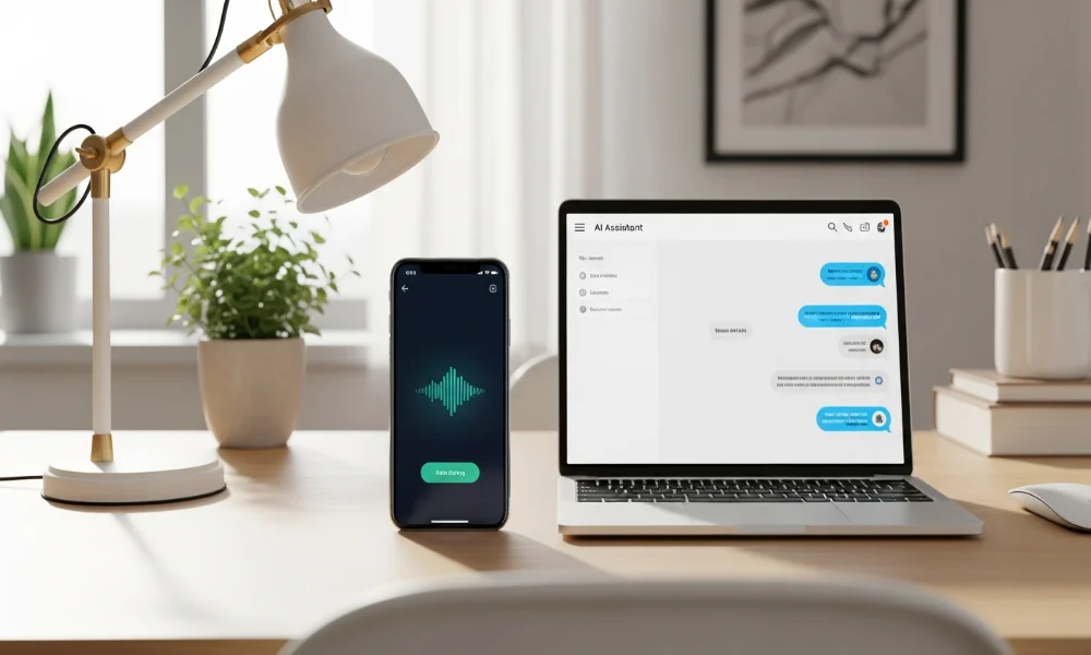 Desk with AI assistant on phone and laptop
