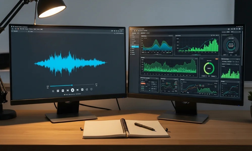 Dual monitors with audio waveform and data dashboards