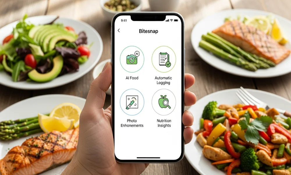 Hand holding Bitesnap app, healthy meals