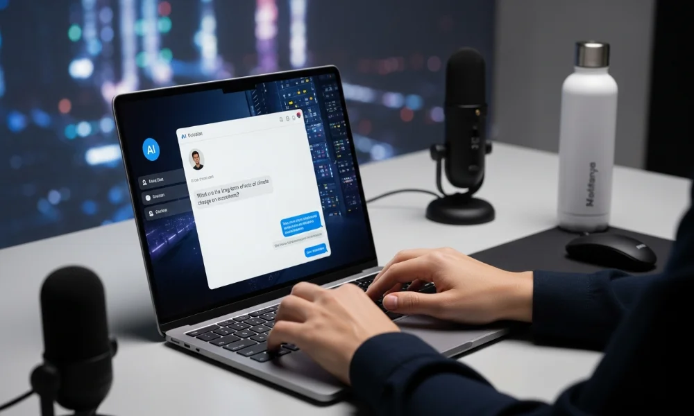 Hands typing on laptop with AI chatbot open