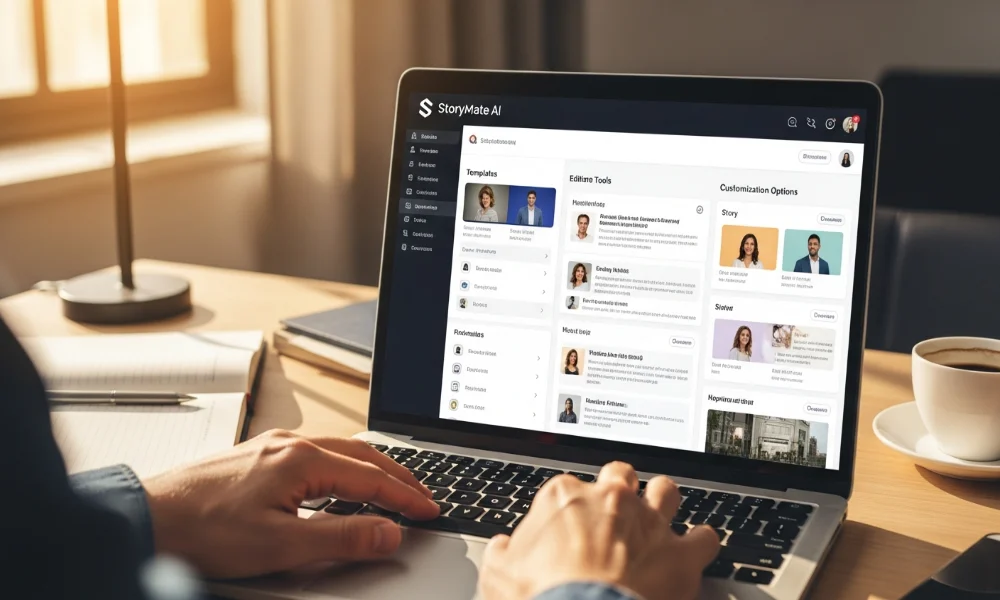 Hands typing on laptop with StoryMate AI open