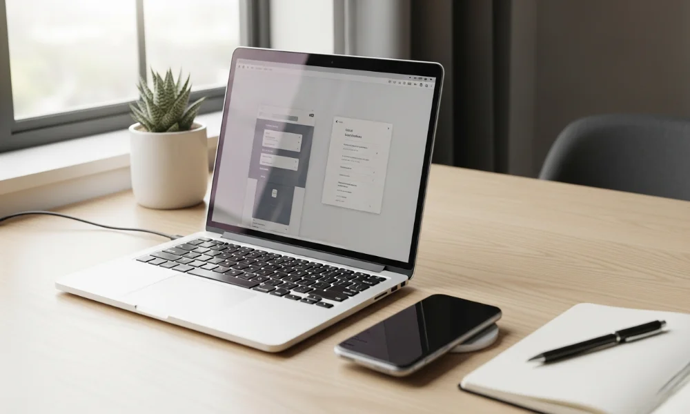 Laptop, phone, notebook on wooden desk