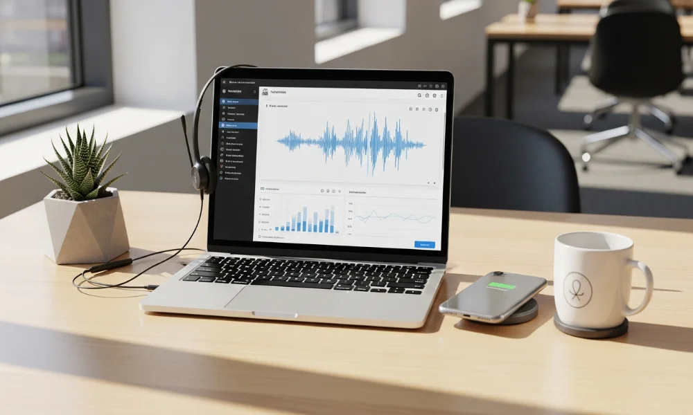Laptop with audio waveform, charts, headset, plant, phone, mug