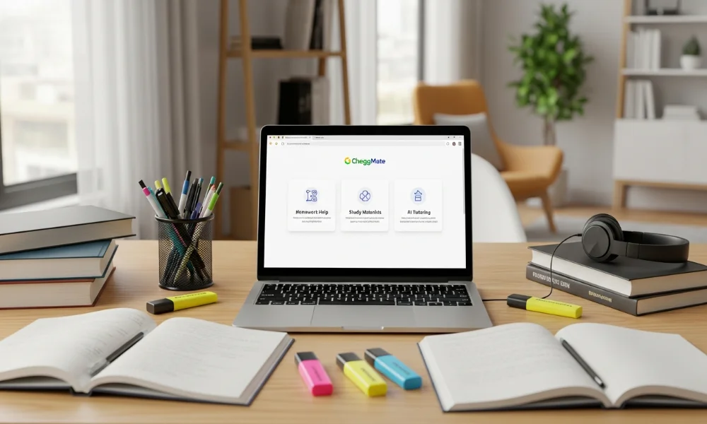 Laptop with CheggMate on desk with books