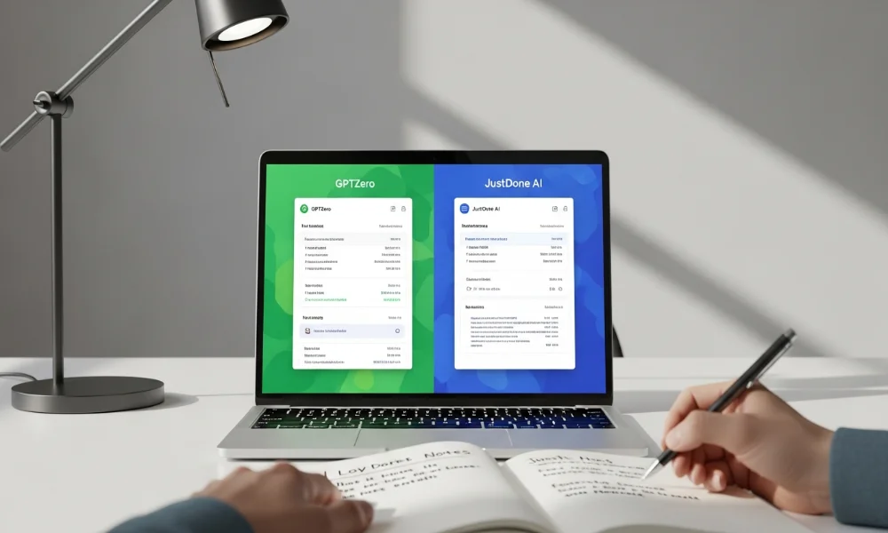 Laptop with GPTZero and JustDone AI interfaces