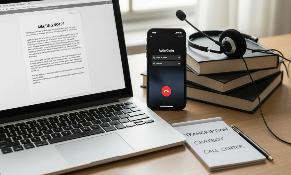 Laptop with meeting notes, phone call, headset, books, and notepad