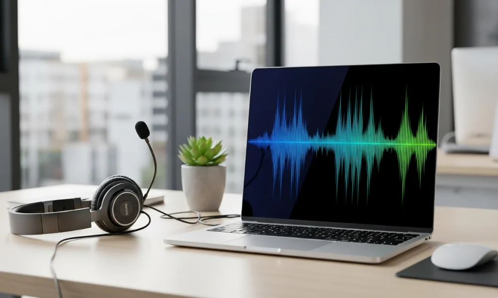 Laptop with sound waves, headset, plant