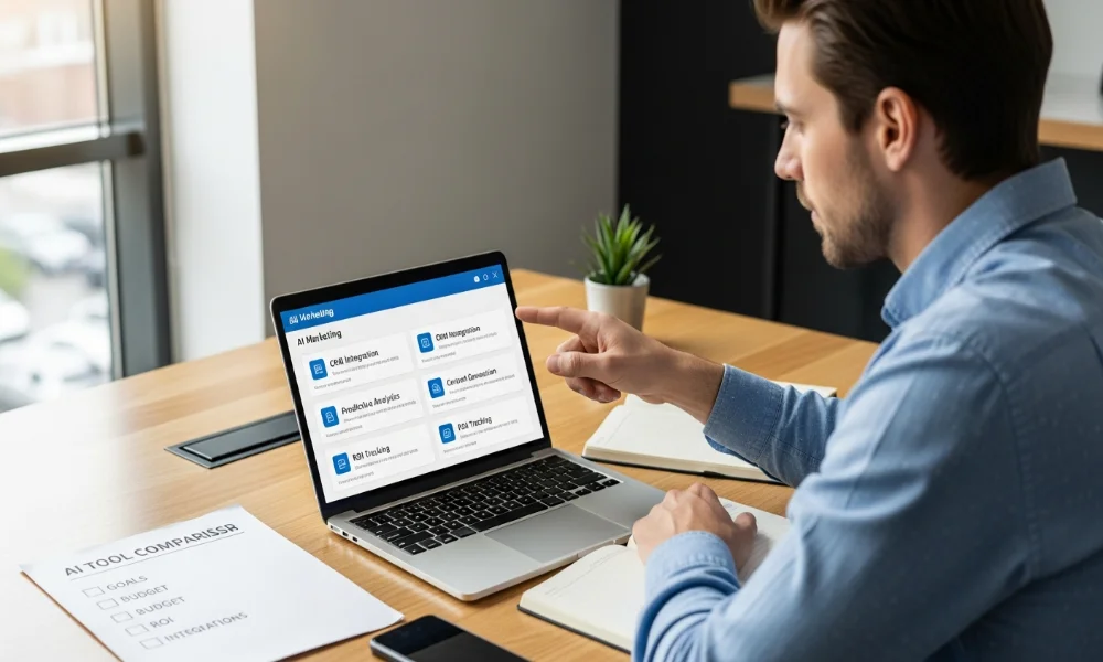 Man pointing at AI Marketing tool on laptop