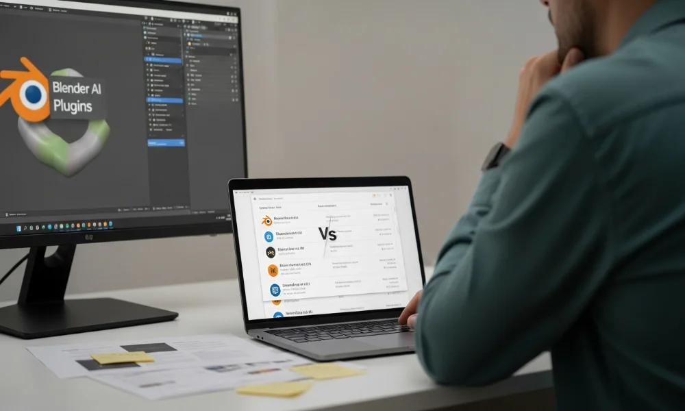 man working on laptop with blender copilot