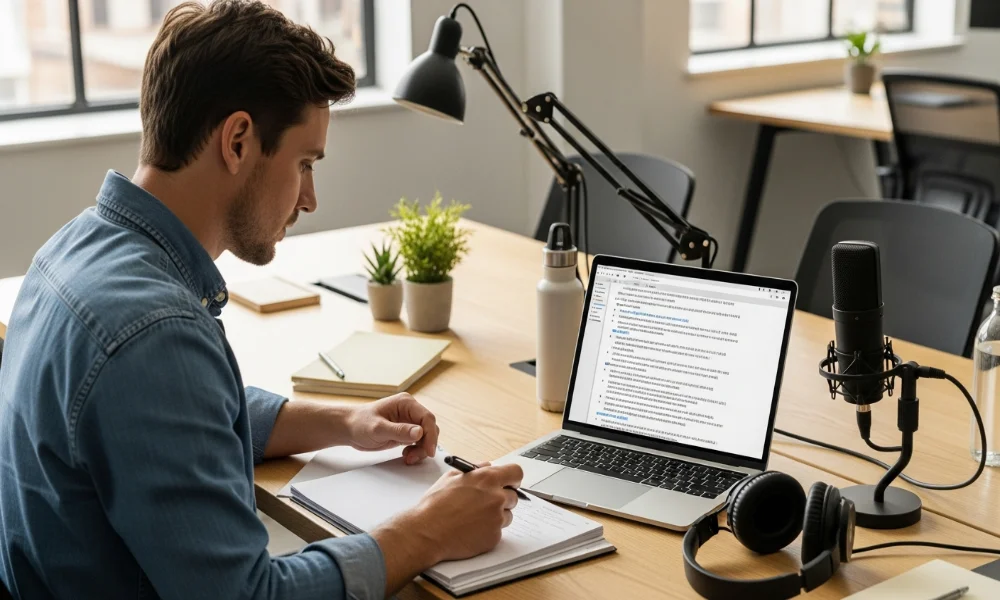 Man writing notes, laptop, microphone, headphones