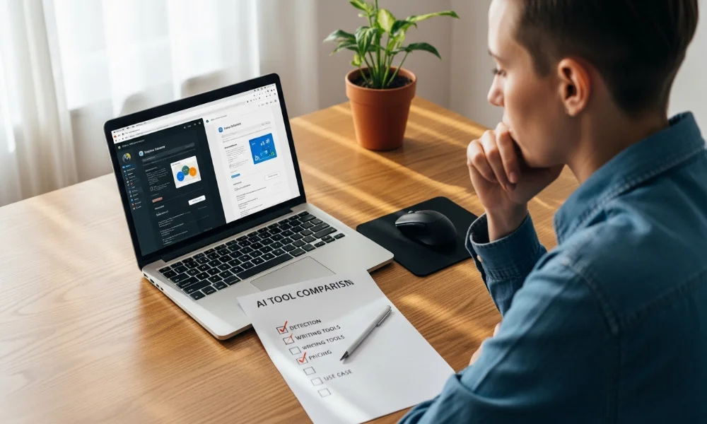 Person comparing AI tools on laptop and paper