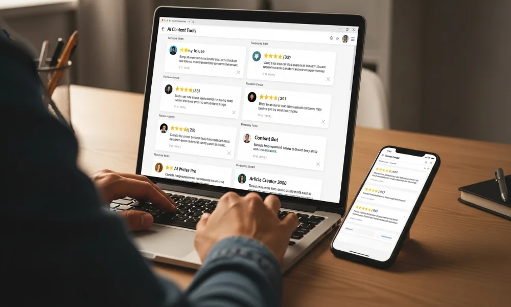 Person typing on laptop, phone showing reviews