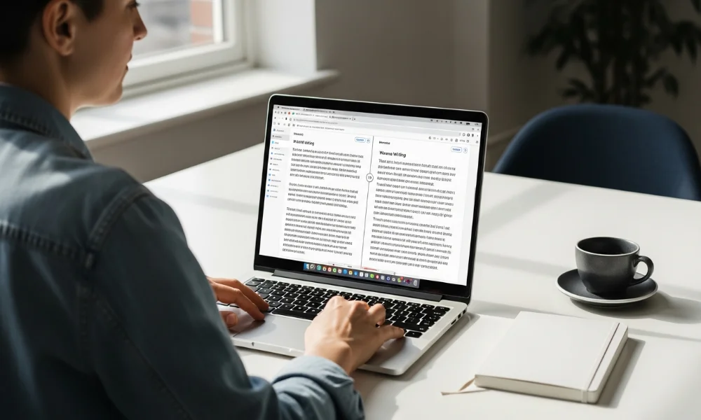 Person typing on laptop, split screen text