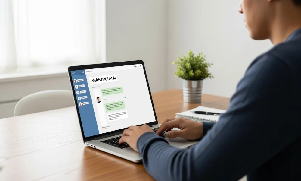 Person typing on laptop with chat interface