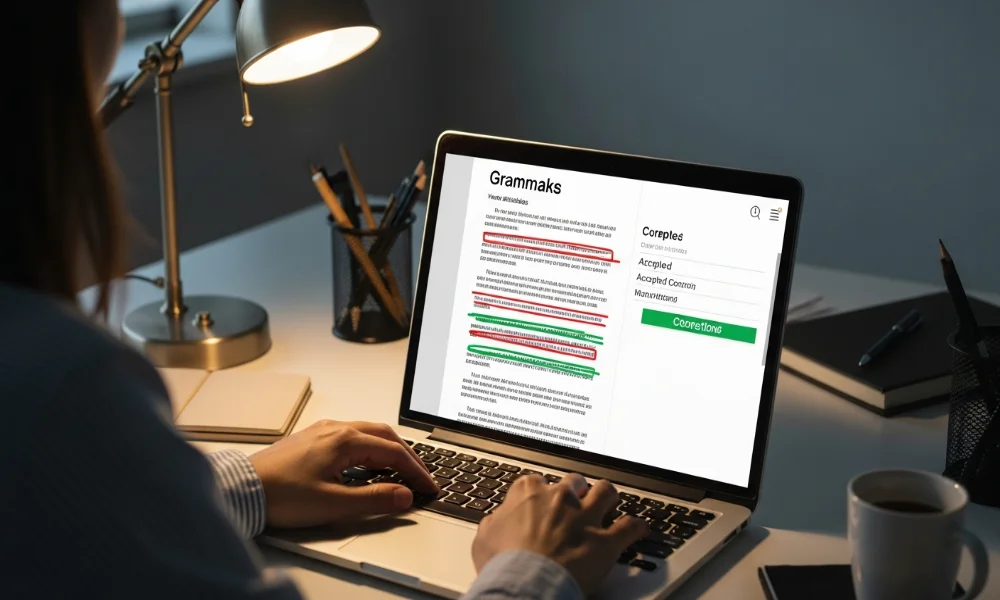 Person typing on laptop with scribens ai