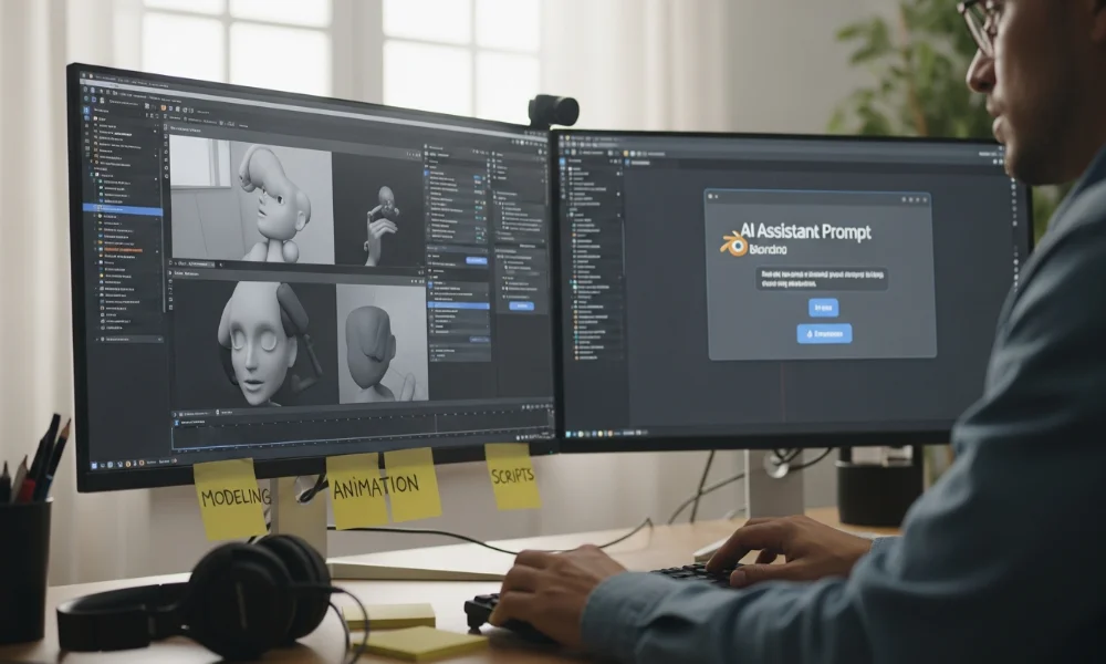 person using dual monitors for 3d animation