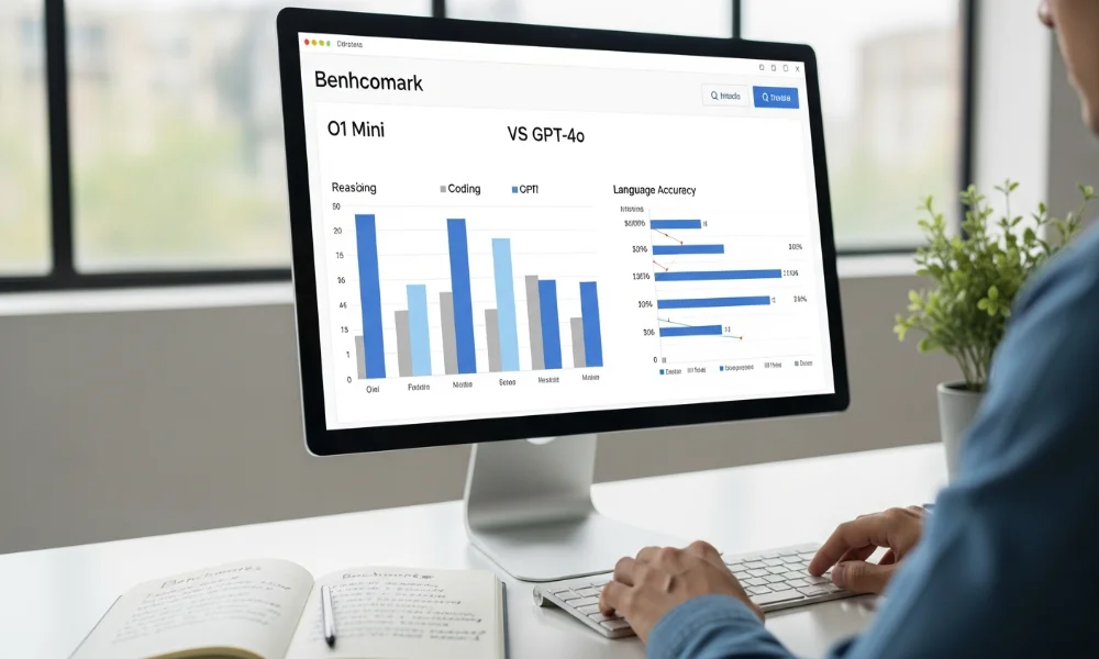 person viewing benchmark data on a monitor