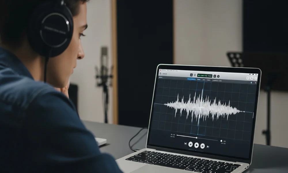 Person with headphones editing audio on laptop